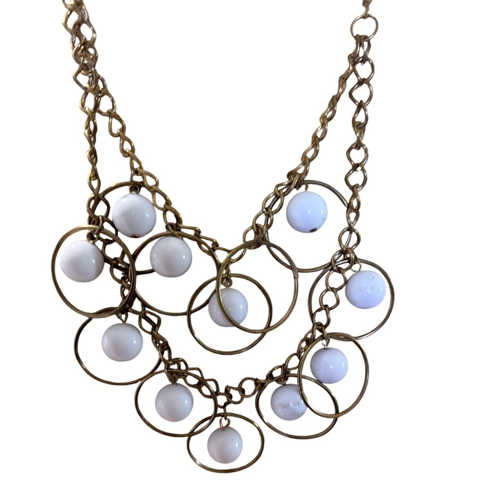 Antique Brass White Orb  Geometric Circle Tiered Statement‎ Bib Necklace Chucky